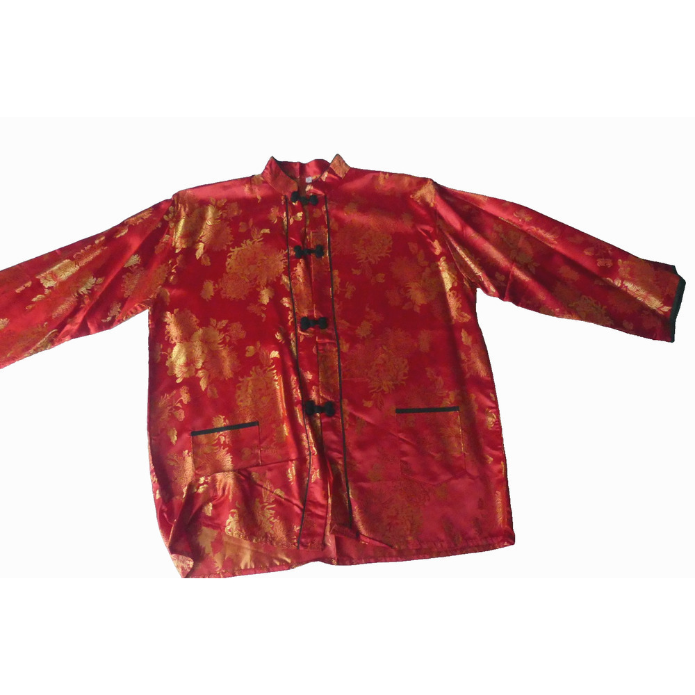 Vintage Red‎ Silk Gold Embroidered Japan Jacket LARGE Button Knot Pockets Asian